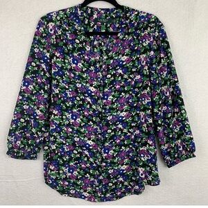 Lauren Ralph Lauren Tops Womens M Blue Green Floral Blouse 3/4 Sleeve V-neck